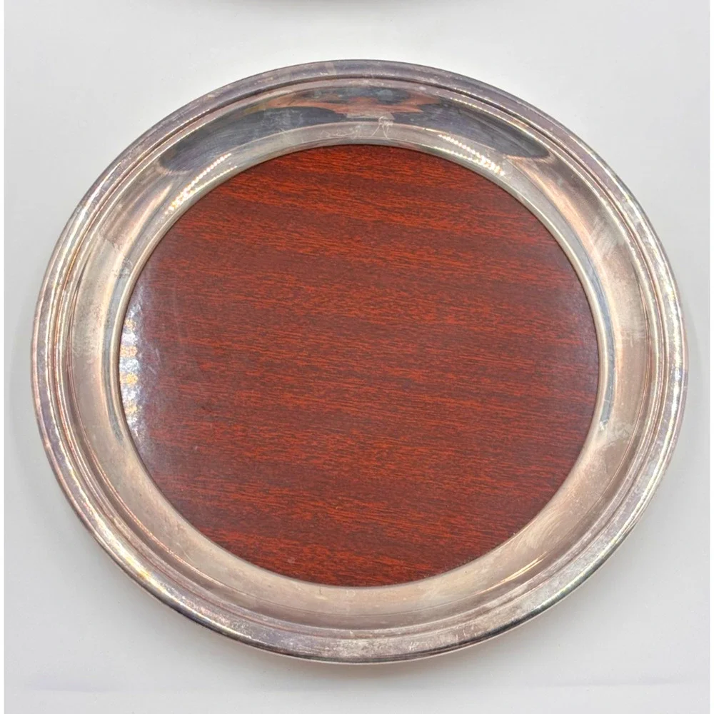 Vintage Crescent Silverplate Formica Coaster Set Wood Grain Bar Trays MCM